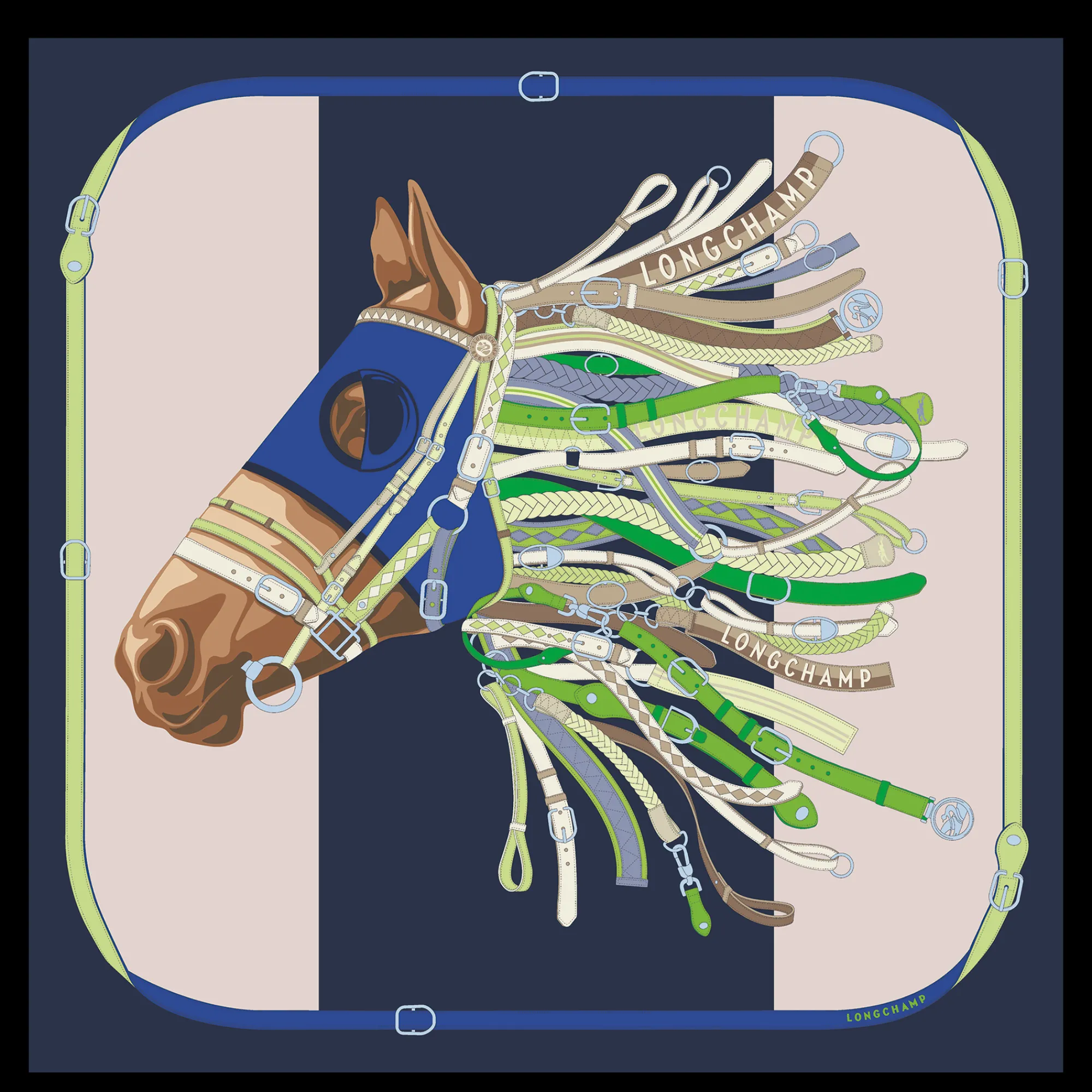 Clearance Longchamp Carré De Soie 90 Tête De Cheval Marine